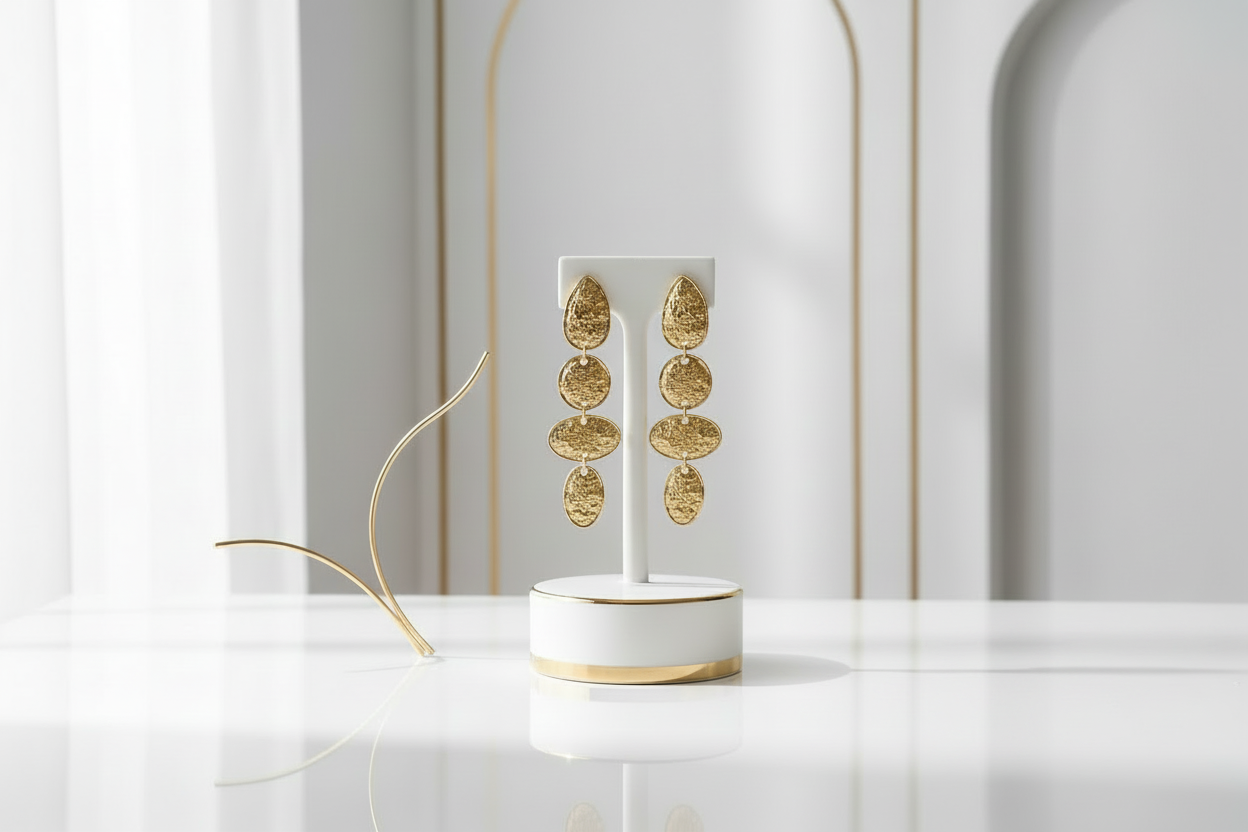 Statement gold dangle earrings 63mm - 18k gold plated studs in white and gold setting