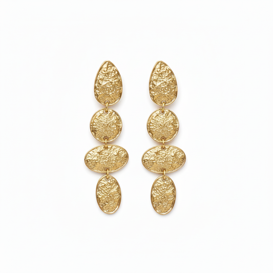 Long gold dangle earrings 63mm - 18k gold plated statement studs on white background