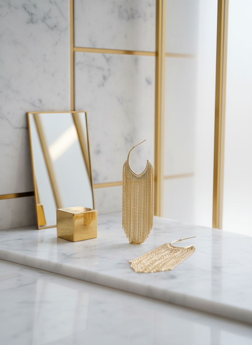 Long Gold Fringe Hoop Earrings in White and Gold Setting