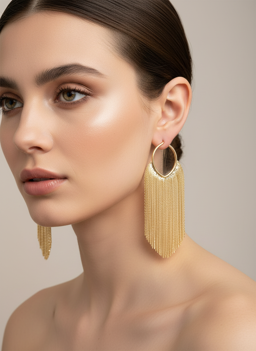 Long Gold Fringe Hoop Earrings on Model