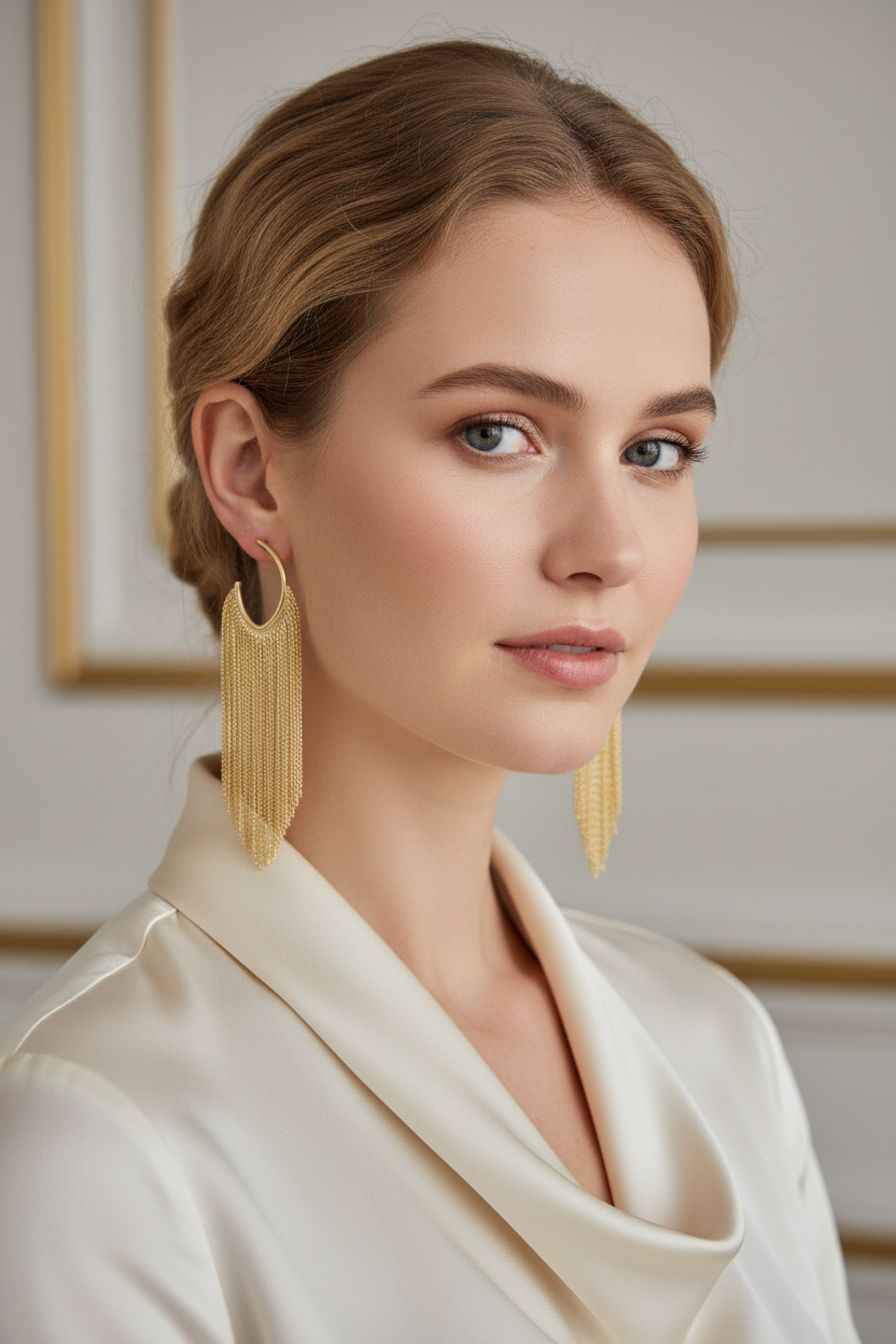 Woman wearing Long Gold Fringe Hoop Earrings – 18k Gold Plated Chain Tassel Statement Hoops | Ms Friesch