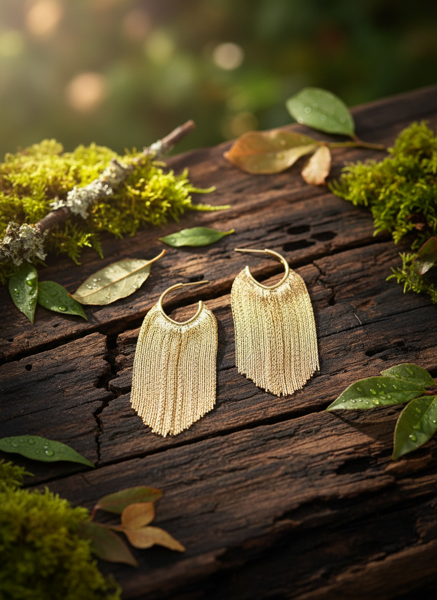 Long Gold Fringe Hoop Earrings on rustic wood