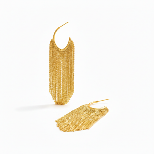 Long Gold Fringe Hoop Earrings 85mm – 18k Gold Plated Chain Tassel Hoops | Ms Friesch