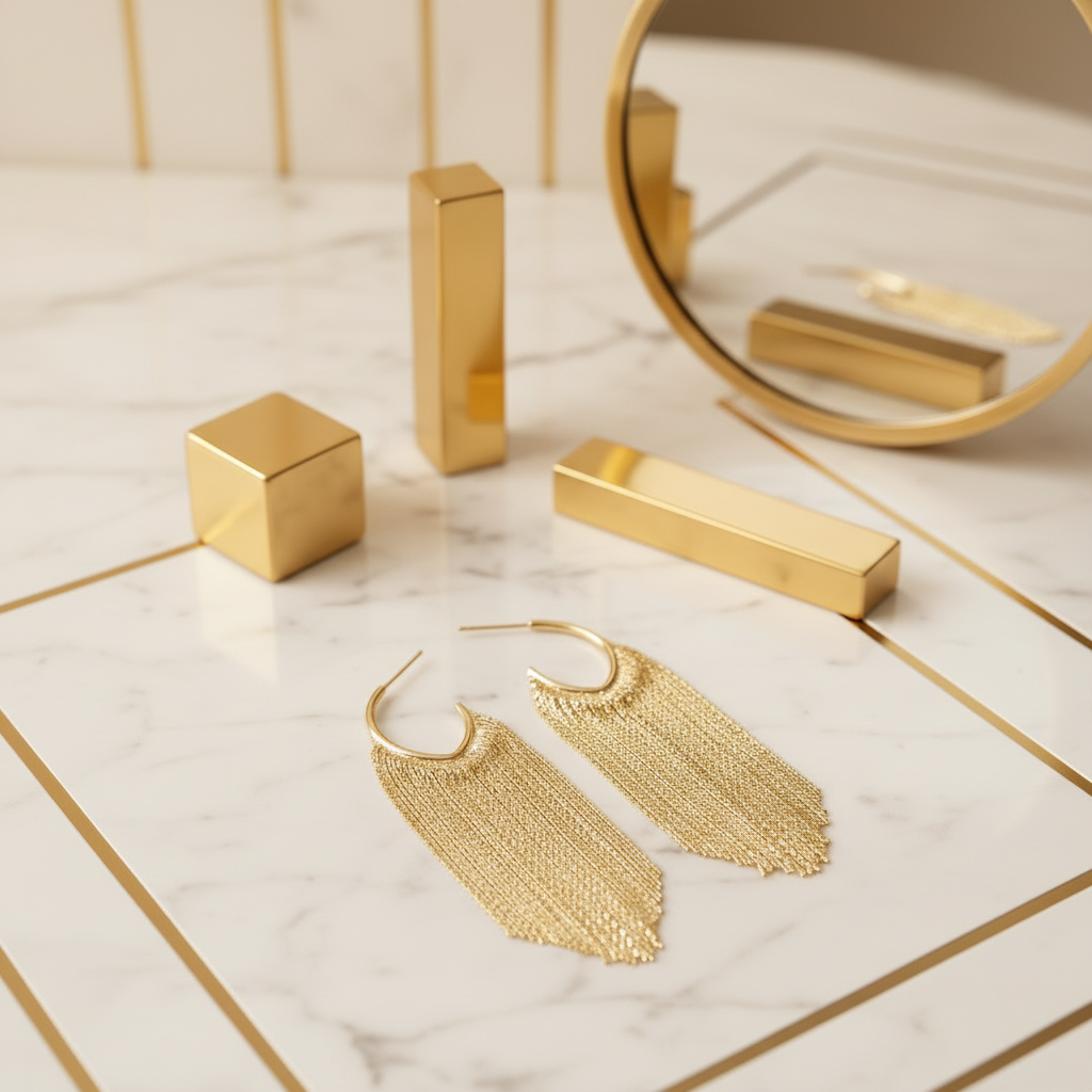 Long Gold Fringe Hoop Earrings in Luxury White and Gold Setting – 18k Gold Plated | Ms Friesch