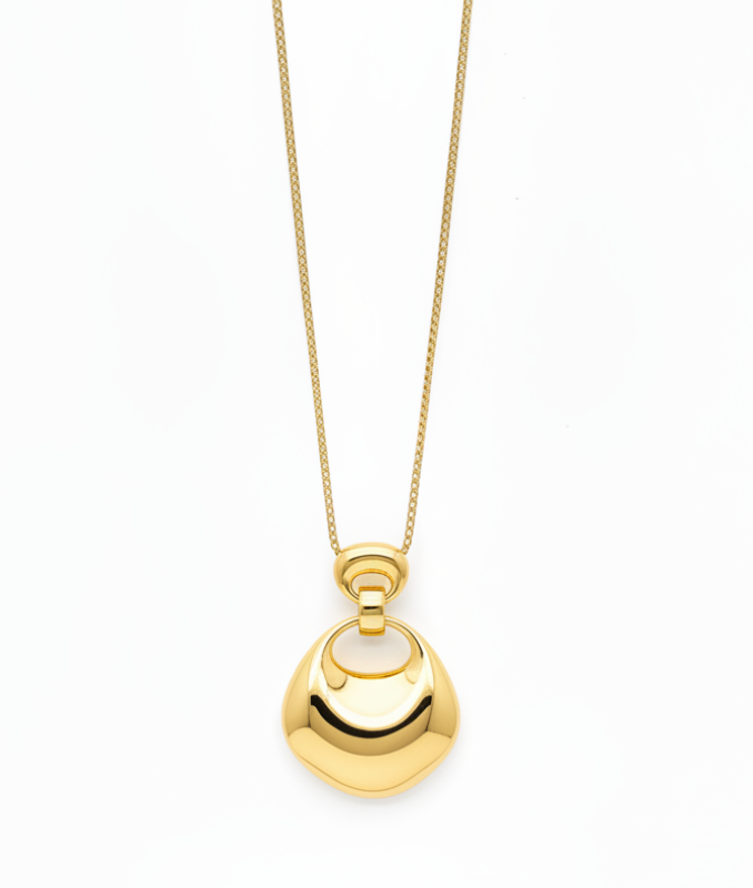 Long gold pendant necklace with shiny finish on white background - 18k PVD gold plated stainless steel 40cm chain

