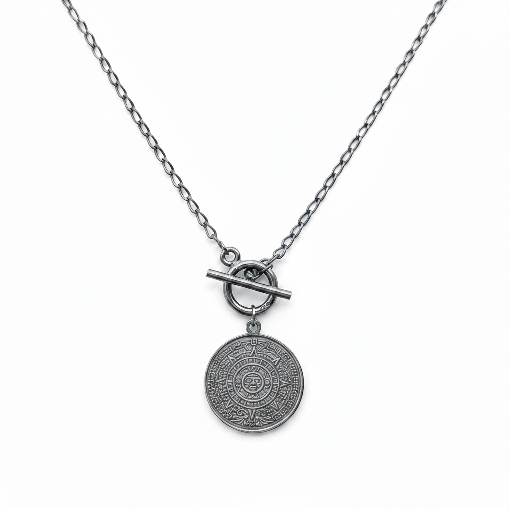 Mayan Solar Calendar Coin Necklace Oxidized Sterling Silver Toggle Clasp
