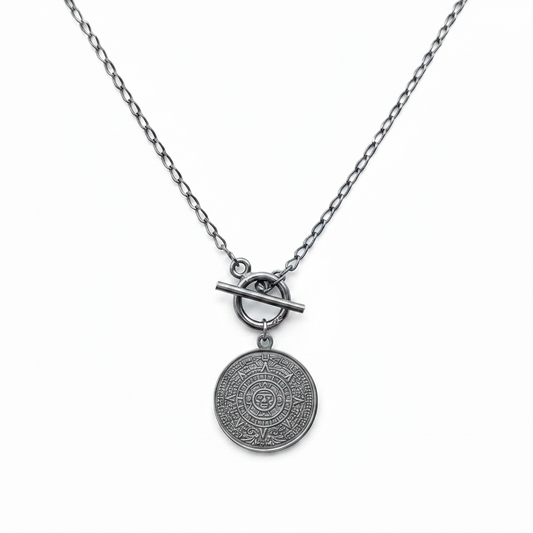 Mayan Solar Calendar Coin Necklace Oxidized Sterling Silver Toggle Clasp

