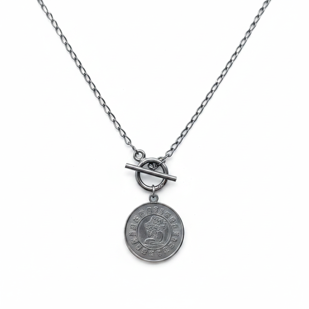 Mayan God Coin Necklace Oxidized Sterling Silver Reversible Pendant Women
