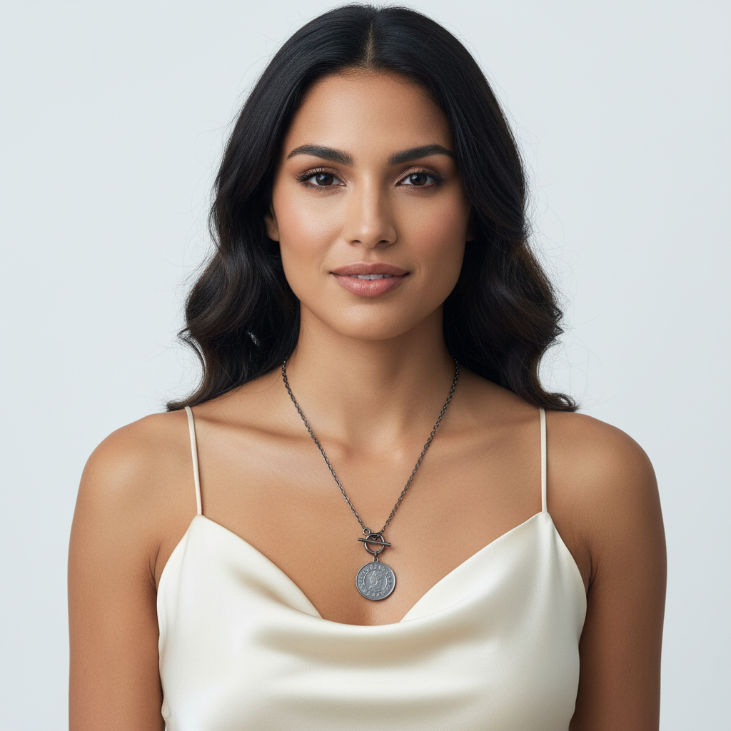 Reversible Mayan Coin Necklace Sterling Silver on Model Toggle Chain Women
