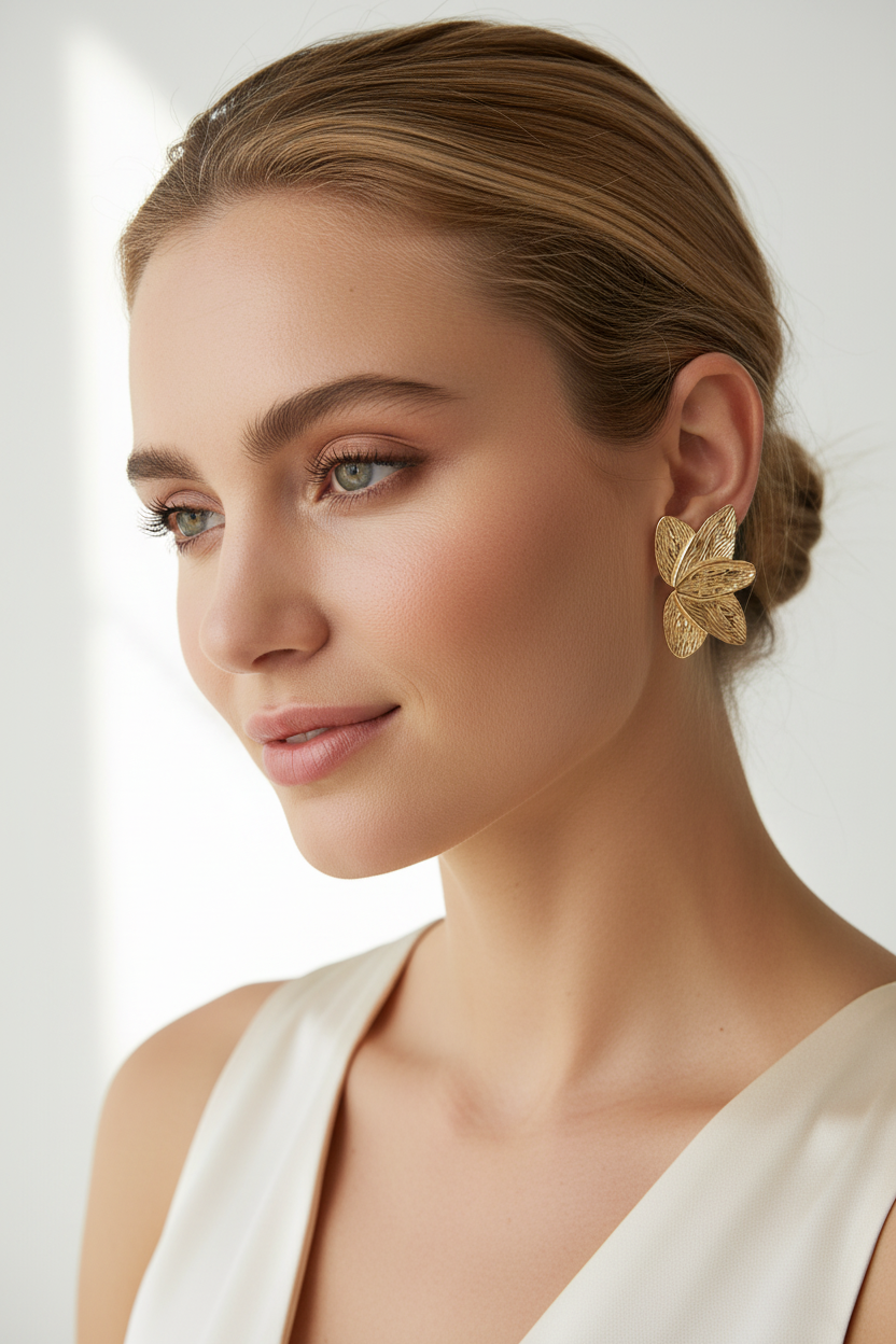 Blonde model wearing large gold flower stud earrings, side profile view
