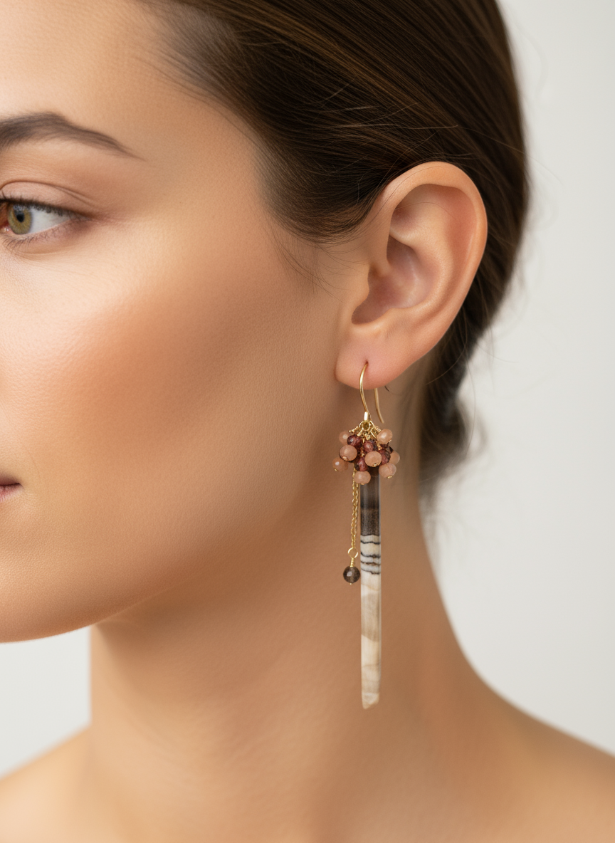 Model Wearing Single Fossil Wood Earring