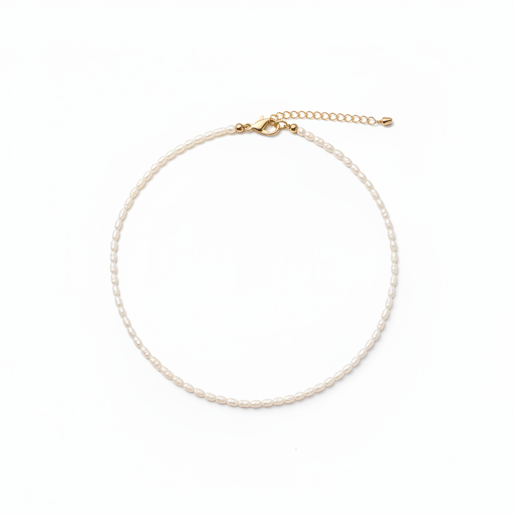 Natural keshi pearl choker necklace with 14k gold filled clasp - baroque pearl jewelry flat lay