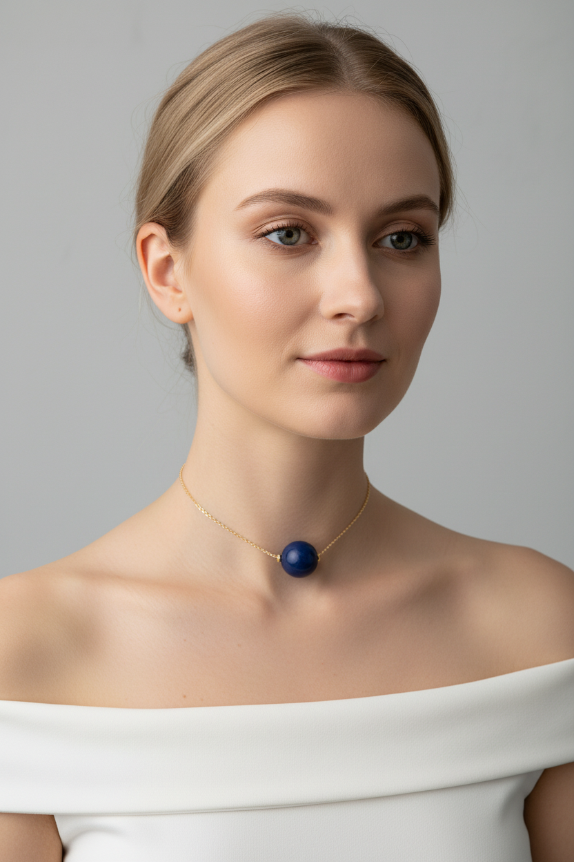 Navy Blue Tagua Bead Necklace on Nordic Model