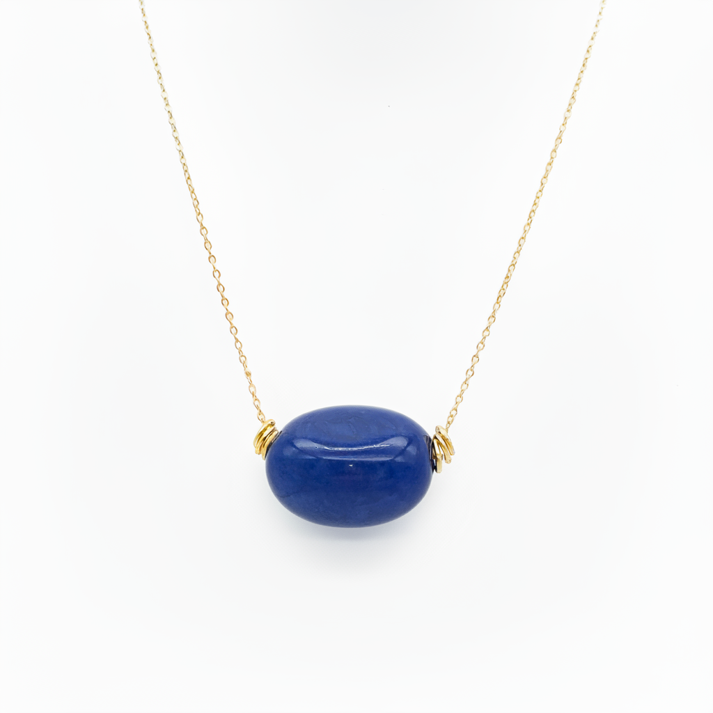 Navy blue tagua nugget necklace with 18k gold plated chain, 75cm long sustainable vegetable ivory jewelry