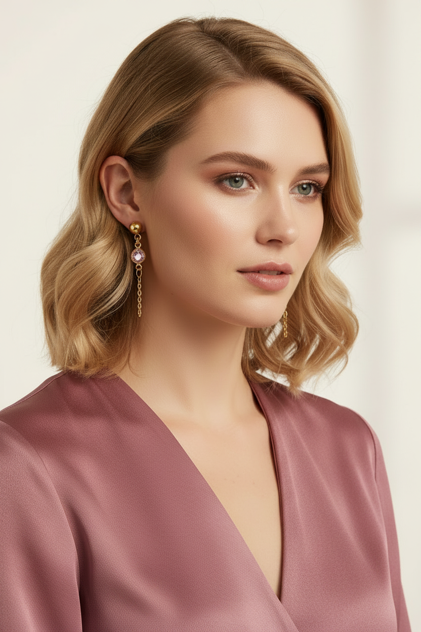 18K Gold Plated Crystal Dangle Earrings Worn by Model
