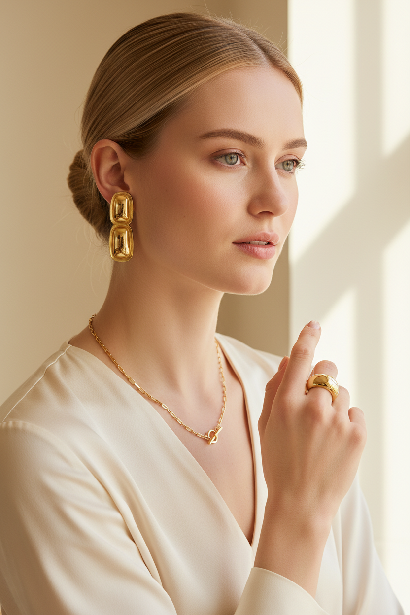 18k PVD Gold Statement Earrings Toggle Necklace Dome Ring Gift Set
