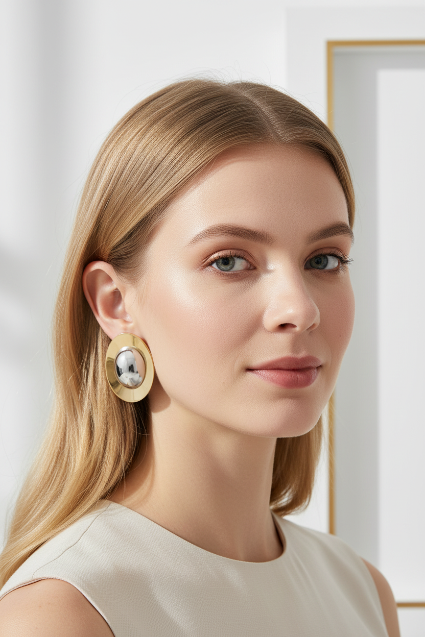 Nordic Model Wearing Large Oval Two-Tone Gold and Silver Stud Earrings – 18k Gold Plated, 40x29mm Statement Studs