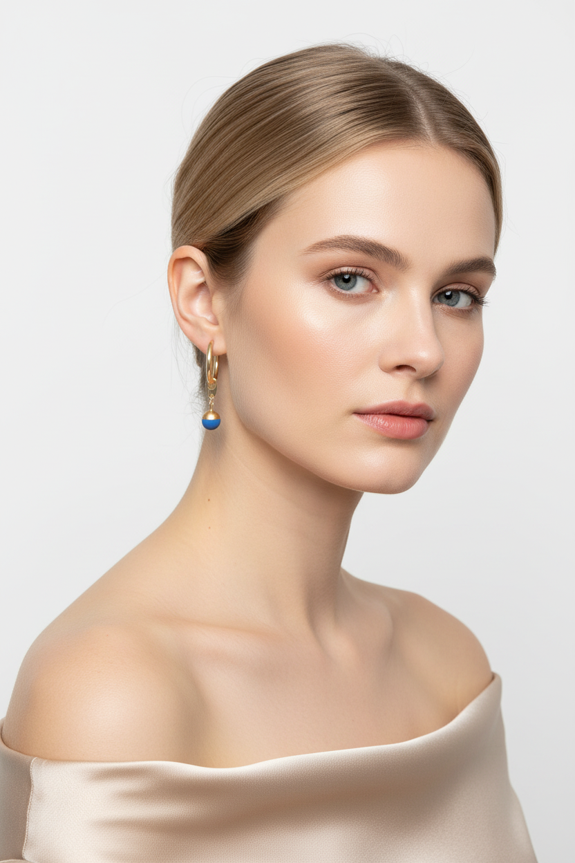 18k Gold Plated Hoop Earrings Blue Ceramic Charm on Model Statement Earrings for Women
