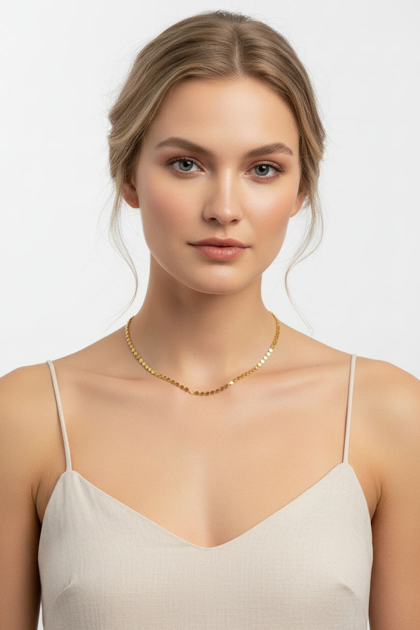 18k Gold Plated Bead Necklace on Model – Gold Jewelry for Women
