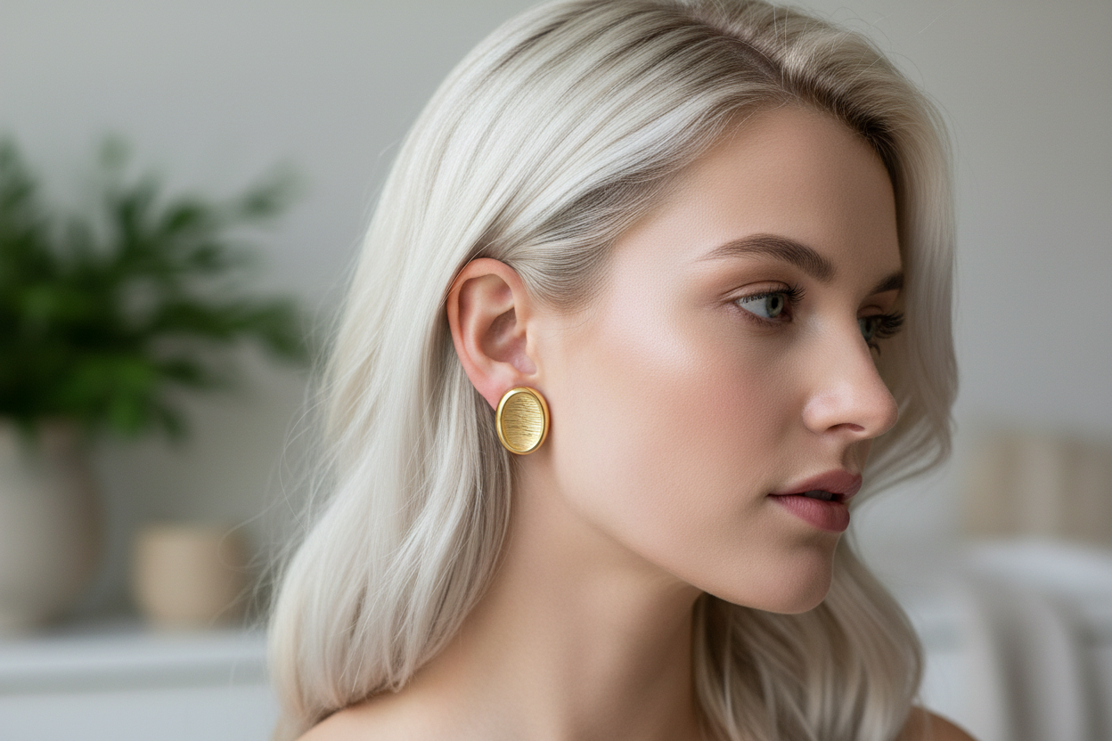 Woman wearing oval gold stud earrings 18k PVD plated everyday jewelry side view
