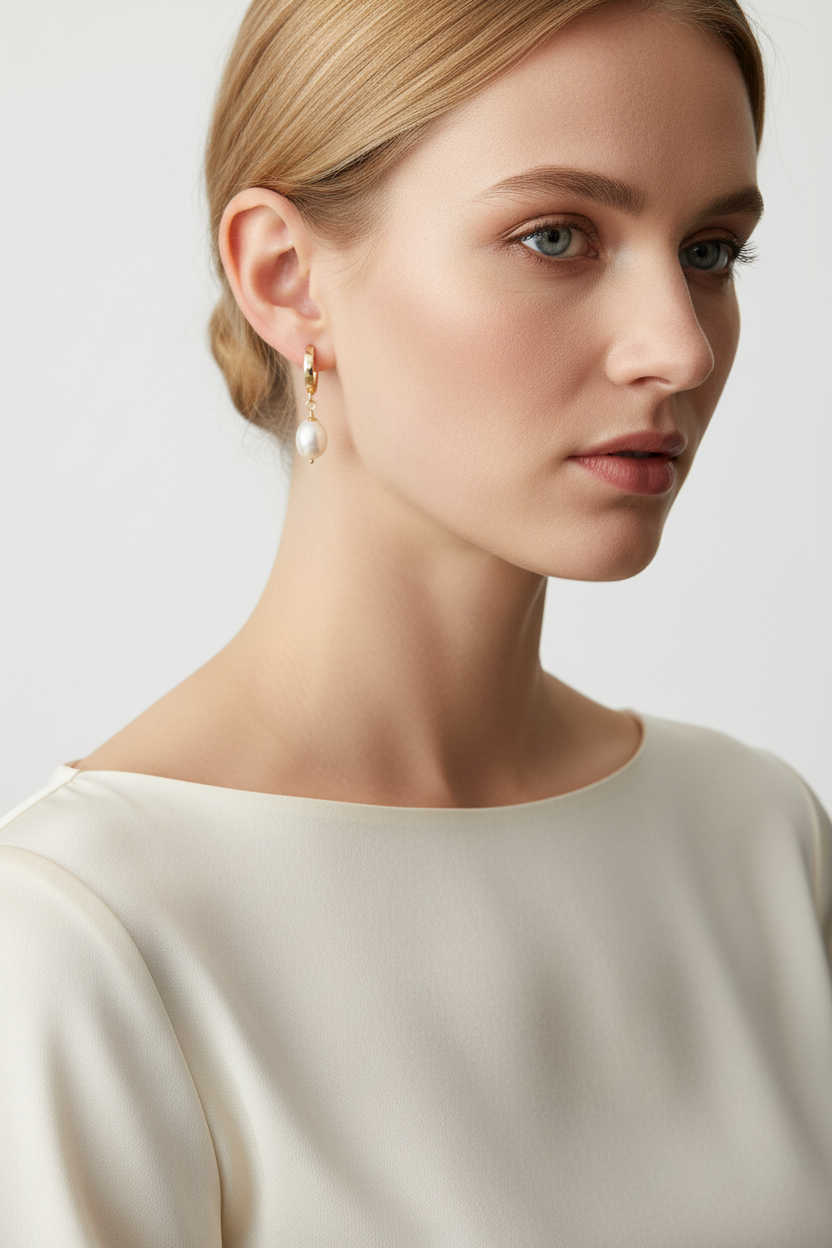 Freshwater pearl drop huggie hoop earrings worn by model – 18K gold plated for women
