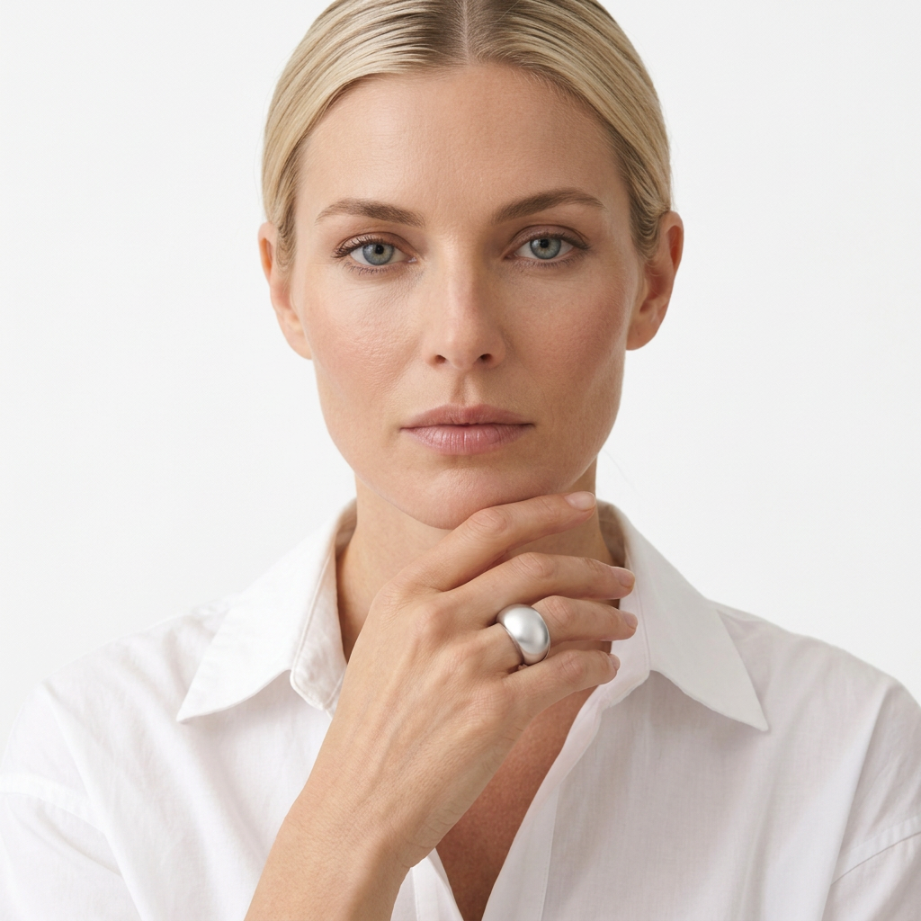 Oval domed ring in Platinum PVD worn by a model in a white shirt, with her hand resting beneath her chin