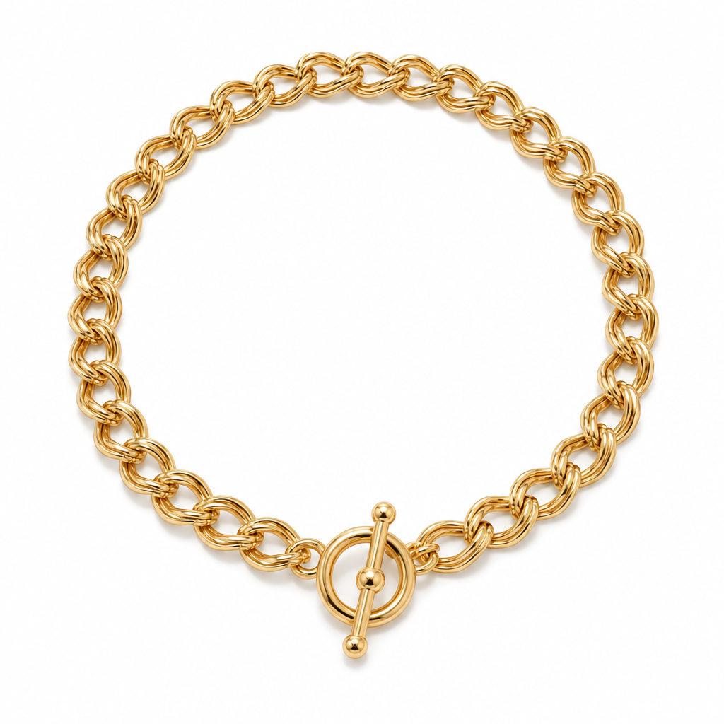 Chunky 18K Gold Plated double link chain necklace with round front toggle clasp on white background