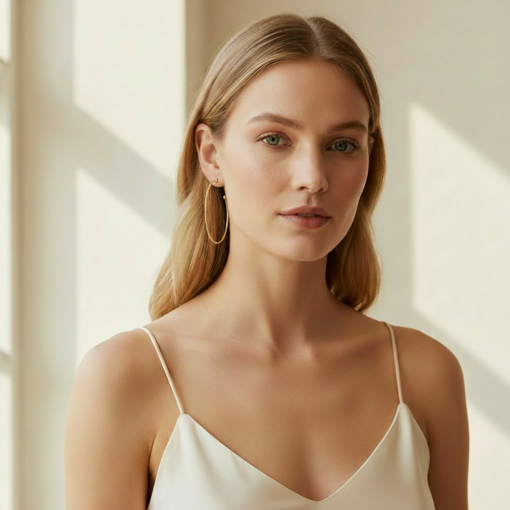 Oversized Gold Hoop Earrings on Model 18k Gold Plated Large Hoops for Women

