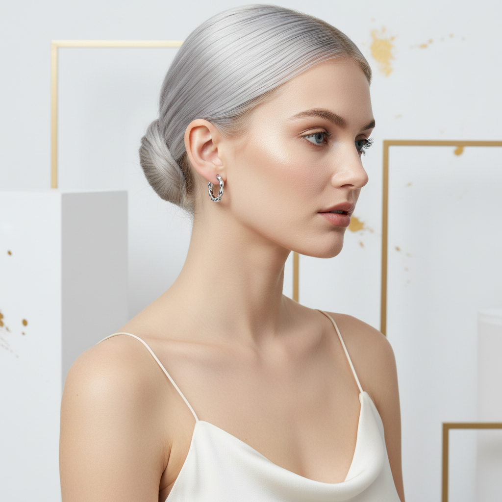 Silver Huggie Hoop Earrings on Model – Rhodium Plated Minimalist Hoops for Women
