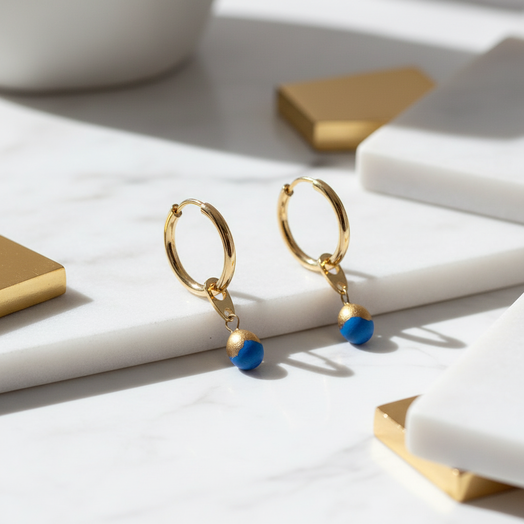 One pair of 18k gold plated hoops in white and gold environment with enhanced shine