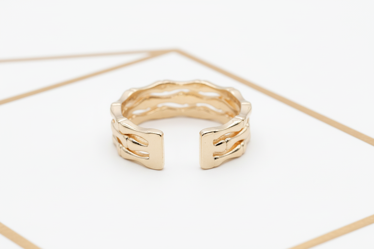 Open adjustable bamboo gold ring with straight cut ends - detail view of triple band design