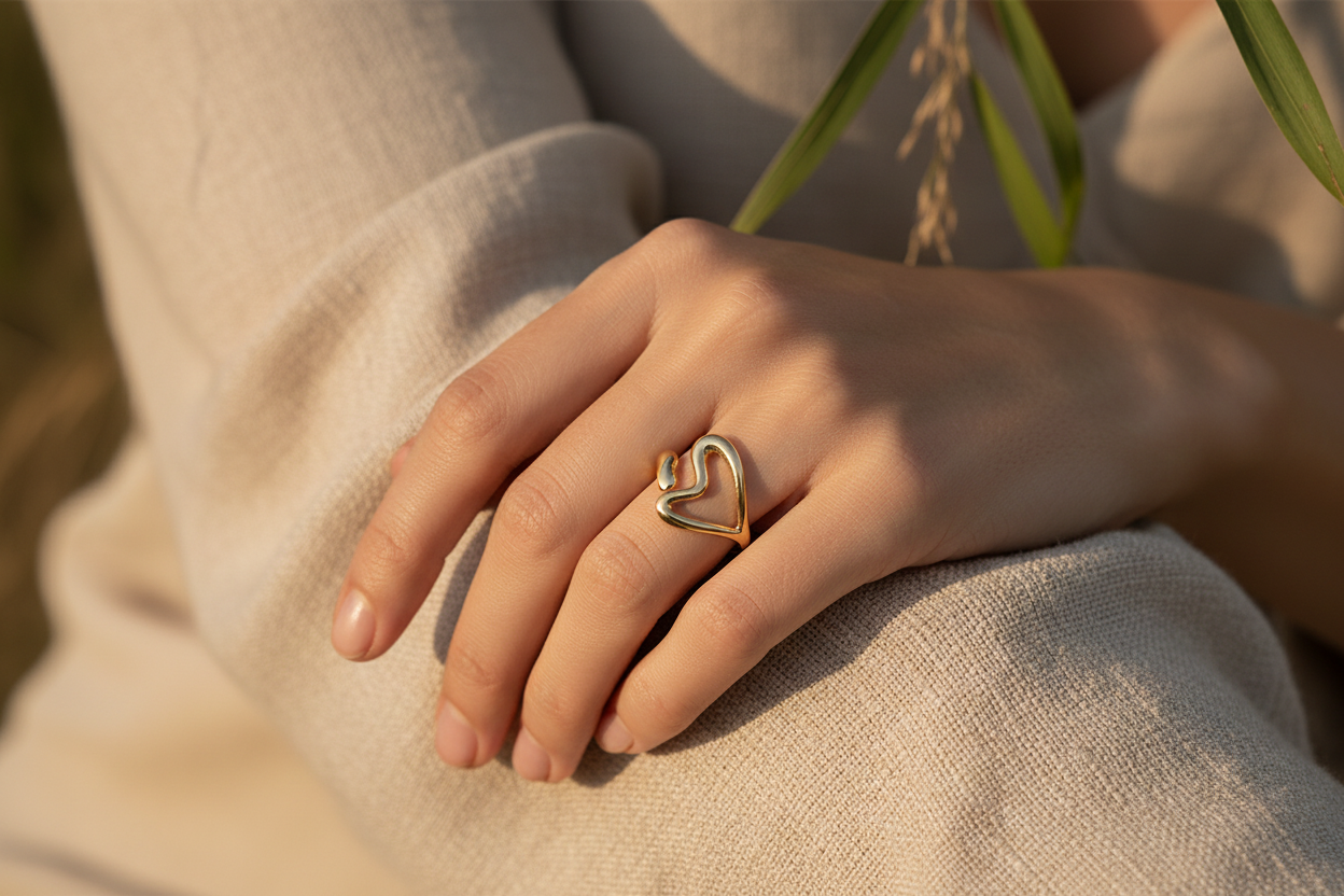 Close-up of open heart gold ring showing 18k gold plating detail