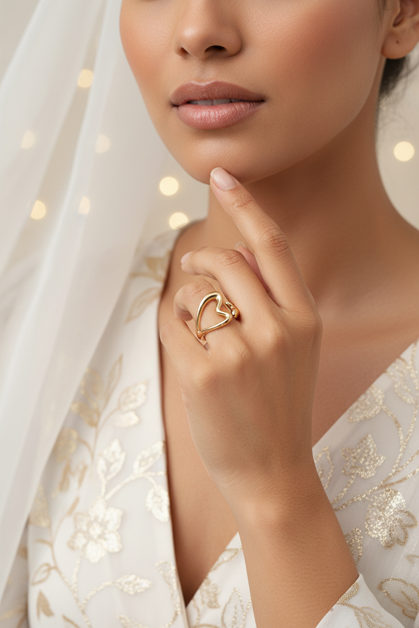 Woman wearing open heart adjustable ring in 18k gold - romantic minimalist jewelry for everyday wear