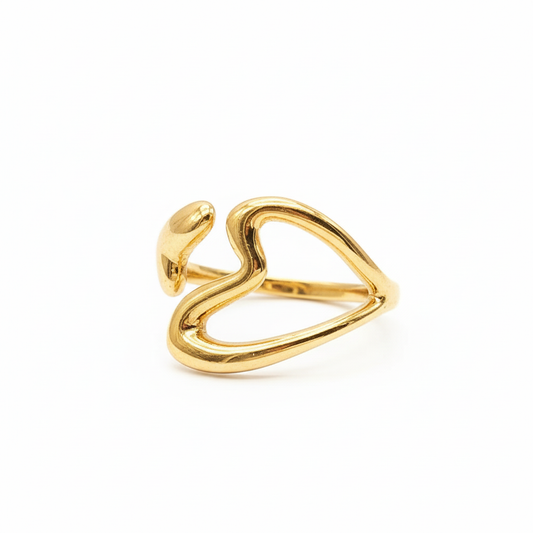 Open heart adjustable ring in 18k gold plating on white background - romantic minimalist design by Ms Friesch