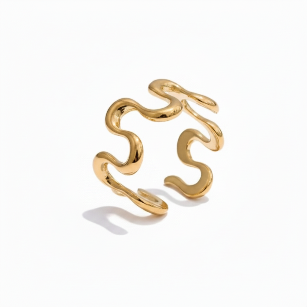 Wavy Wide Band Ring 18k PVD Gold Stainless Steel – Adjustable Statement Ring for Women


