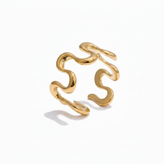 Wavy Wide Band Ring 18k PVD Gold Stainless Steel – Adjustable Statement Ring for Women

