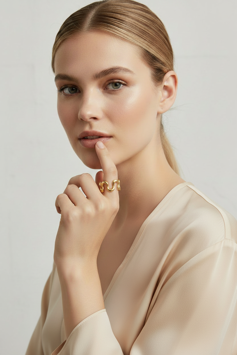 Wavy Wide Band Ring PVD Gold on Model – Adjustable Gold Statement Ring for Women

