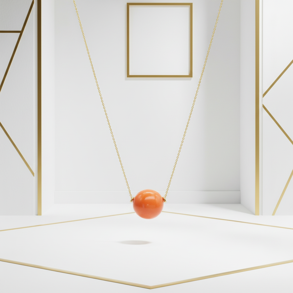 Orange tagua pendant necklace displayed in elegant white and gold setting
