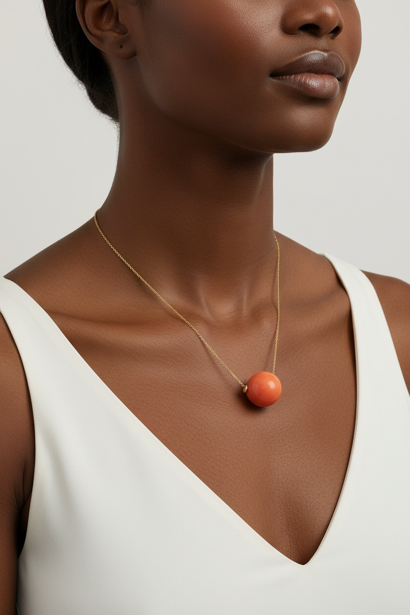 Black woman wearing orange tagua bead necklace with gold plated chain