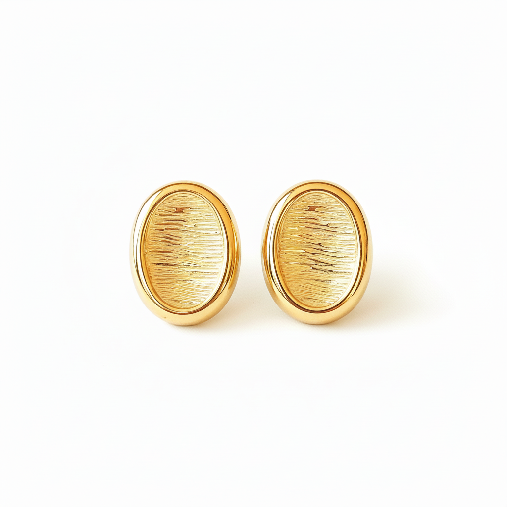 Oval gold button stud earrings 18k PVD plated stainless steel minimalist jewelry white background
