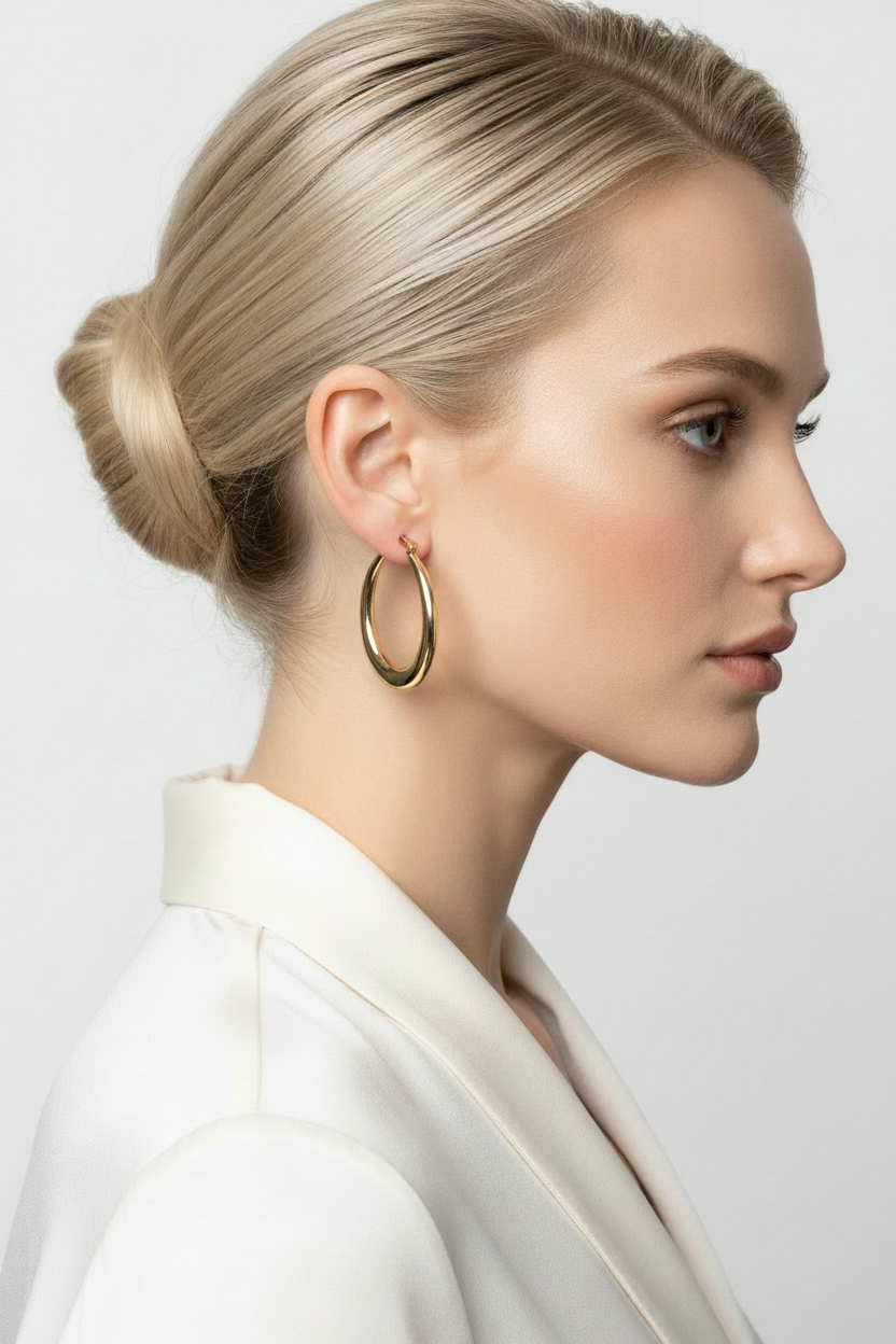 Oval gold hoop earrings 33mm worn - 18k gold plated hoops on platinum blonde model