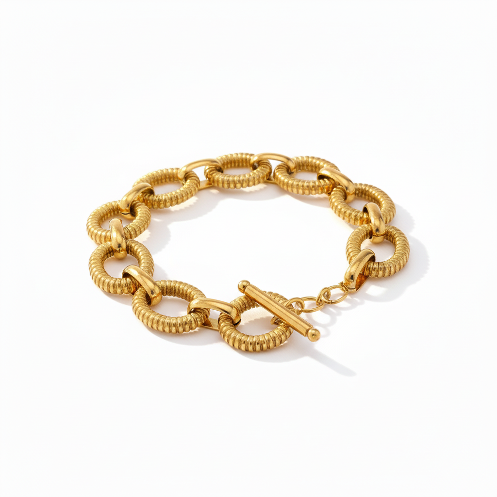 18k PVD Gold Textured Link Chain Bracelet Oval Round Links Toggle Clasp
