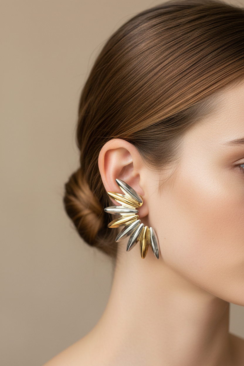 Woman wearing oversized mixed metal chunky stud earrings gold silver two tone statement jewelry
