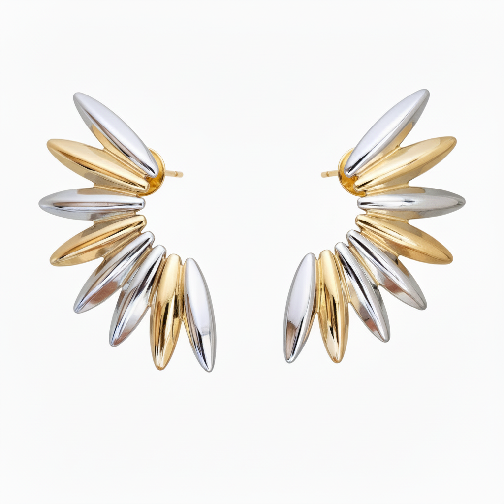 Oversized mixed metal chunky stud earrings 18k gold rhodium PVD stainless steel white background
