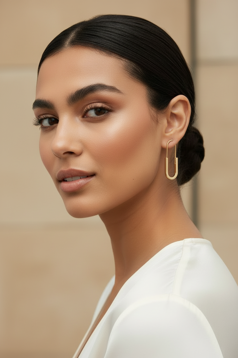 Woman wearing padlock 18k gold plated hoop earrings statement jewelry