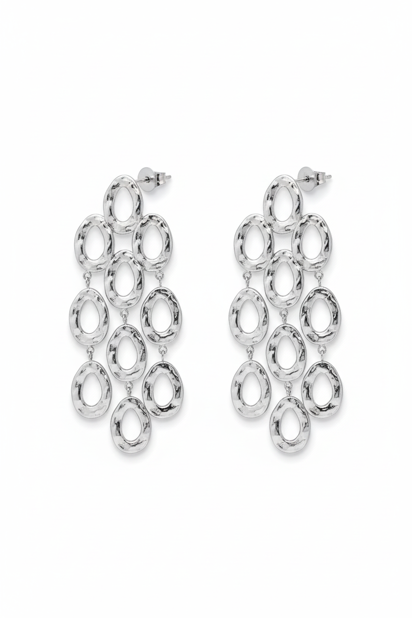 Long silver dangle circle fringe stud earrings rhodium PVD plated stainless steel