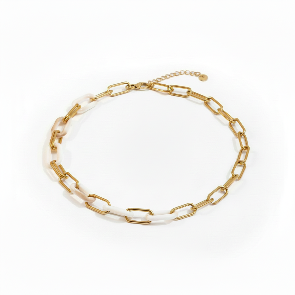 Paperclip Chain Necklace Gold & White Resin Links – 18k PVD Gold | Ms Friesch

