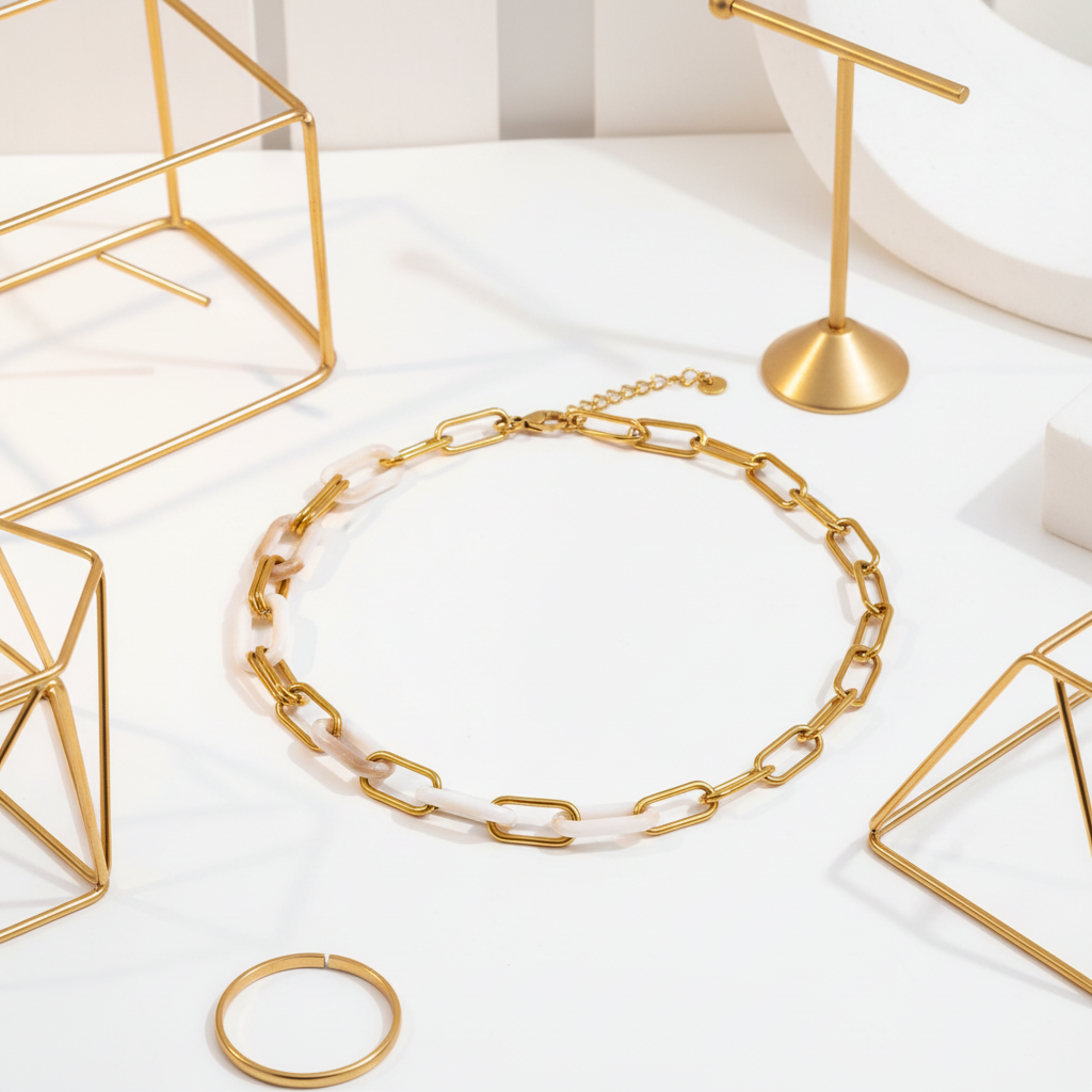 18k PVD Gold Paperclip Necklace with White Resin Links – Tarnish-Resistant Stainless Steel