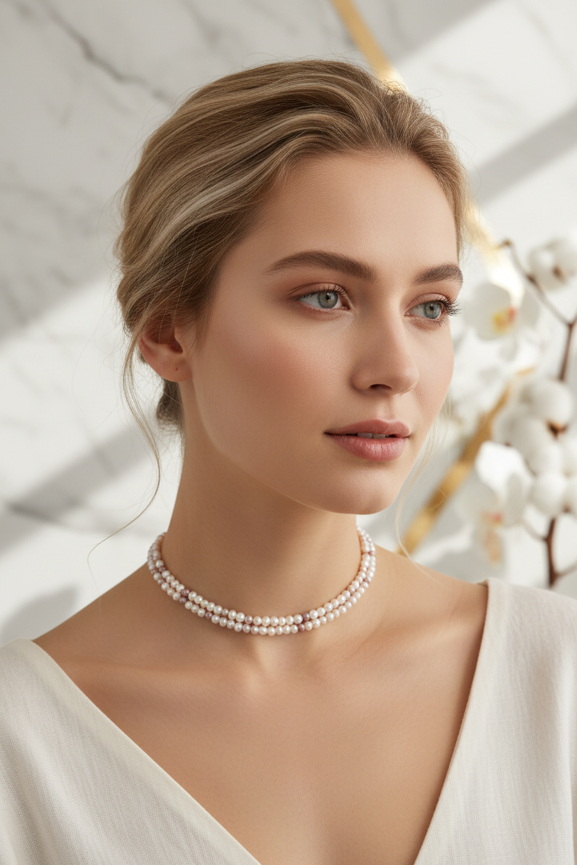 Nordic model wearing natural freshwater pearl choker necklace - 14k gold filled jewelry