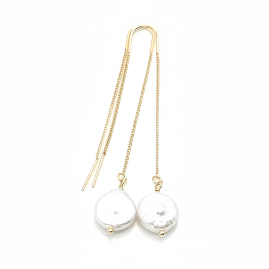 Pearl Threader Earrings 18k Gold Plated Freshwater Pearl Dangle for Women
